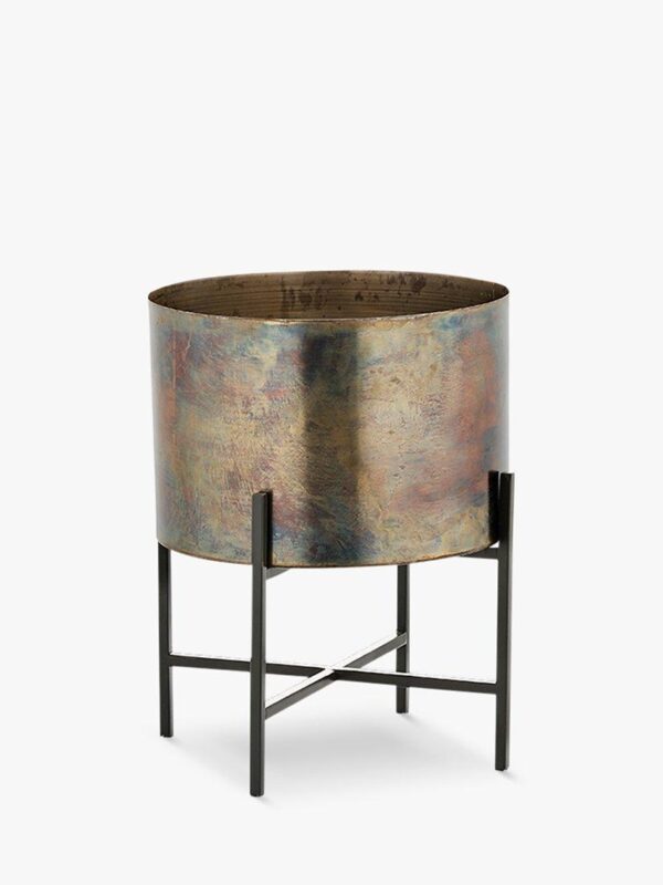 nkuku Juoni Metal Indoor Planter & Stand, Antique Brass, 35cm