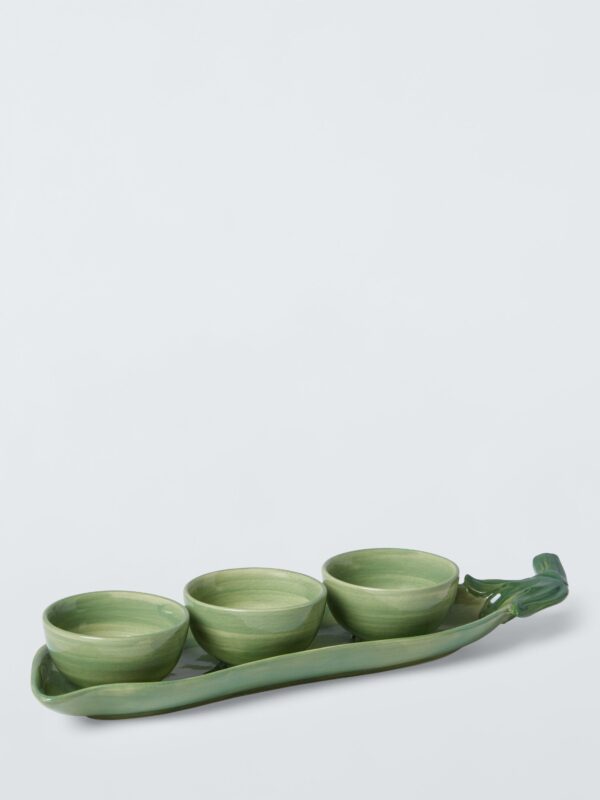 John Lewis X Deliciously Ella Peas in a Pod Hand Painted Stoneware Dip Bowls & Tray, Green