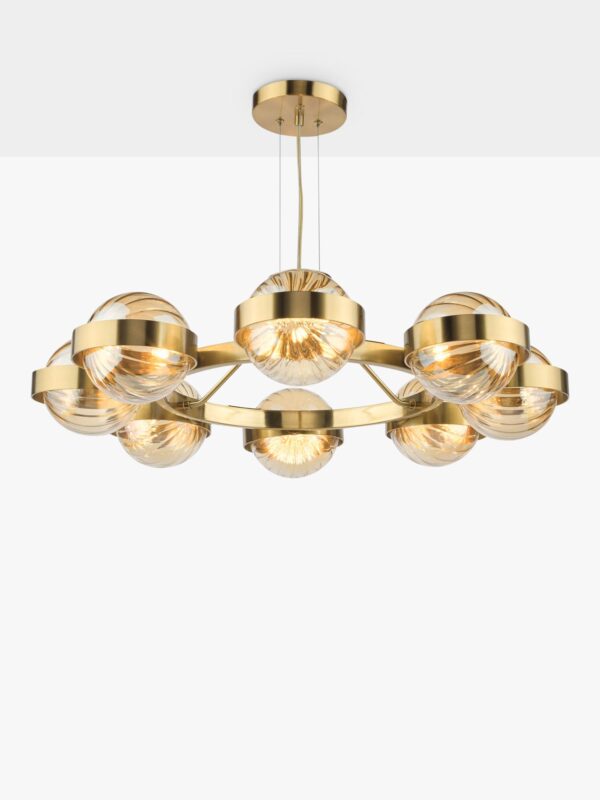 Där Ophira 8 Light Glass Shade Pendant Ceiling Light, Antique Gold/Amber